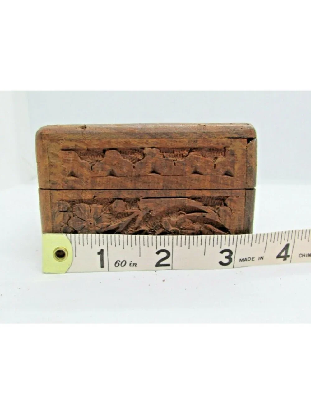Vintage Hand Carved Floral Ivy Wooden Trinket Box India 5x3x2